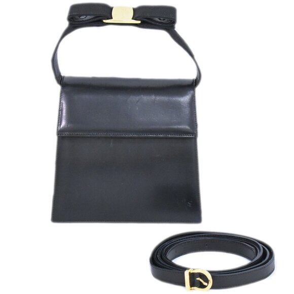 Salvatore Ferragamo Vara Bow 2way Leather Shoulder Handbag Black Gold